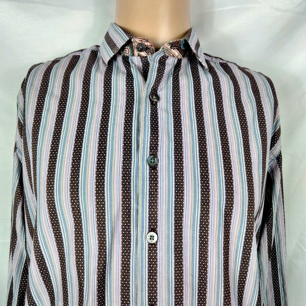 Robert Graham Shirt Mens L Multicolor Striped Contrast Flip Cuff Embroidered - Picture 2 of 9